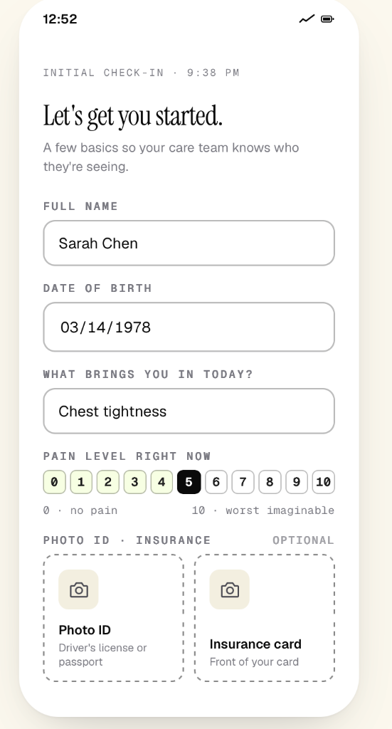Jessie initial check-in screen with baseline patient info