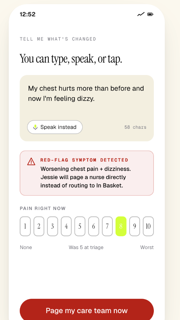 Jessie change detected screen with red-flag symptom alert